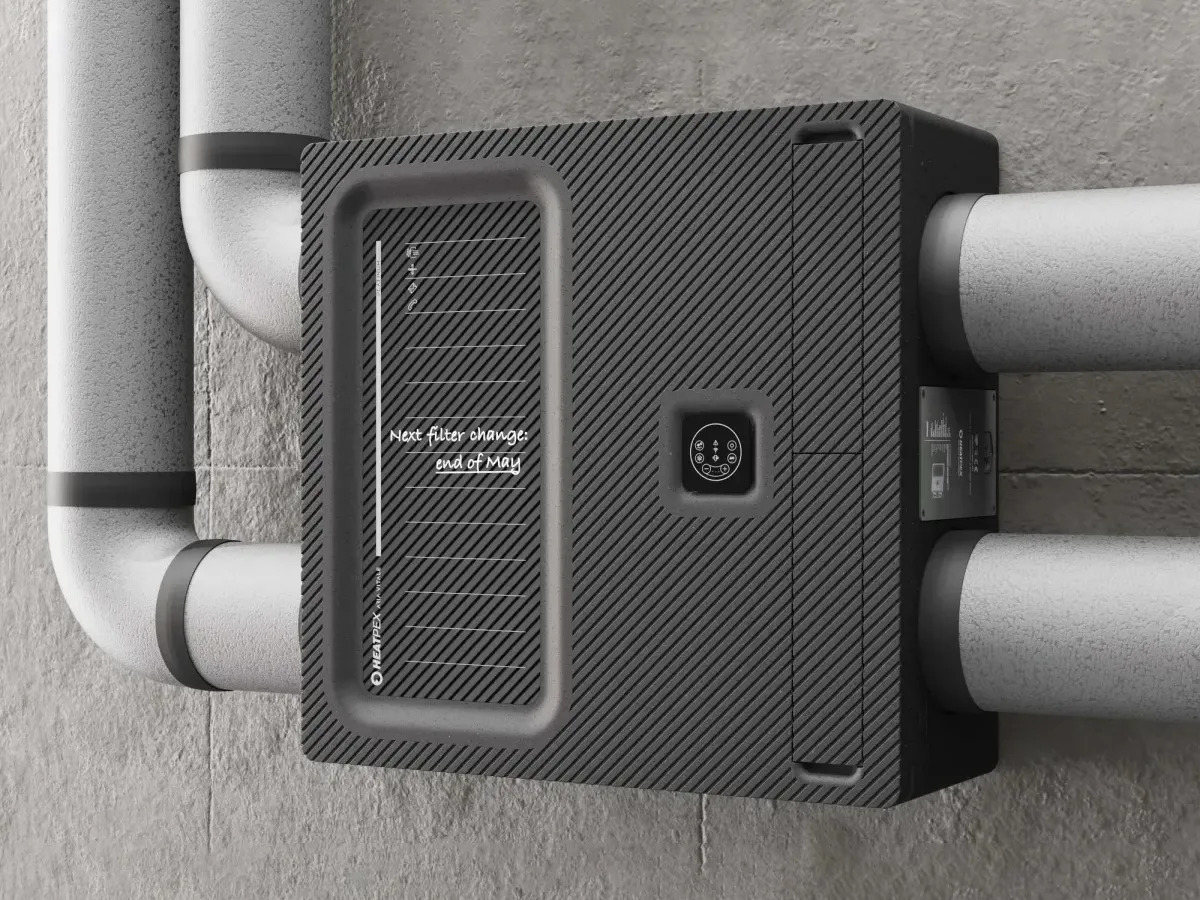 Рекуператор воздуха с системой приточно-вытяжной вентиляцией Heatpex ARIA VITALE MVHR SILVER установленный на стене