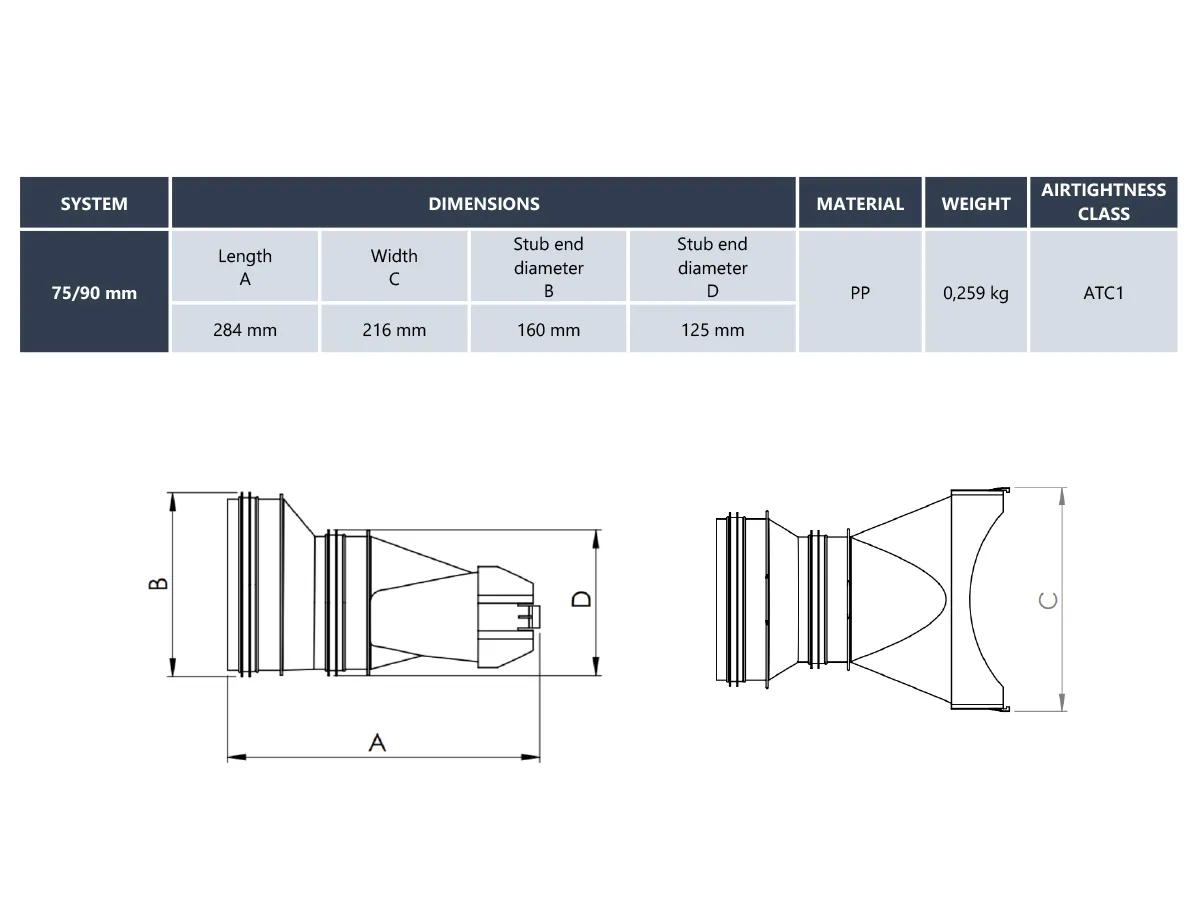 Dimensiunile racordului lateral HEATPEX ARIA CONNECT Ø125/160 mm